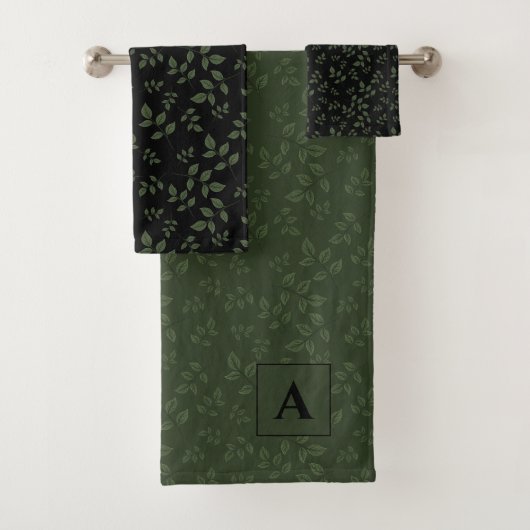 Groen zwart patroon bladeren monogram bad handdoek (Insitu)