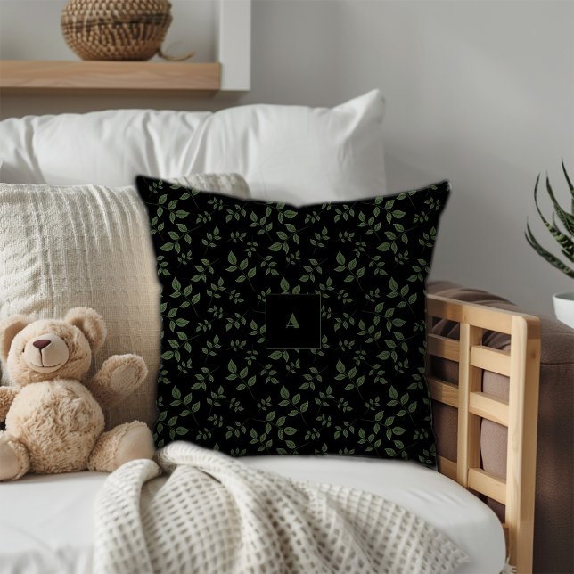 Groen zwart patroon bladeren monogram kussen (Creator heeft geüpload)