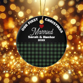 Groen & Zwart Plaid Onze 1e Kerst Getrouwd Keramisch Ornament