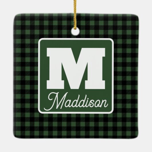 Groen & Zwart Plakken Monogram Naam Kerstmis Keramisch Ornament (Achterkant)