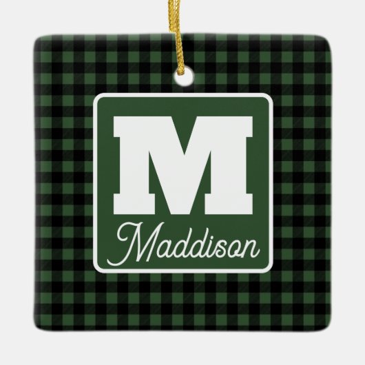 Groen & Zwart Plakken Monogram Naam Kerstmis Keramisch Ornament (Voorkant)