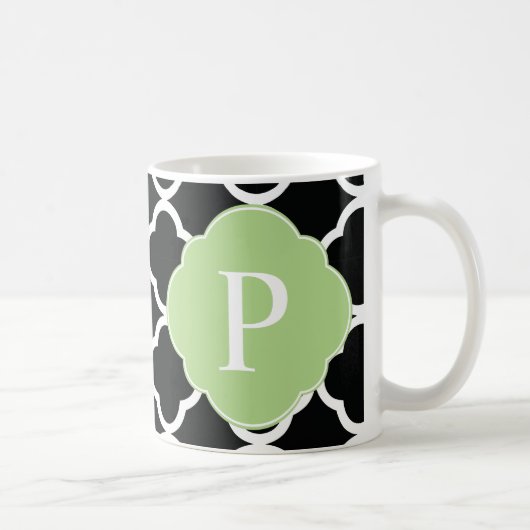 Groen zwart Quatrefoil monogram Koffiemok (Rechts)