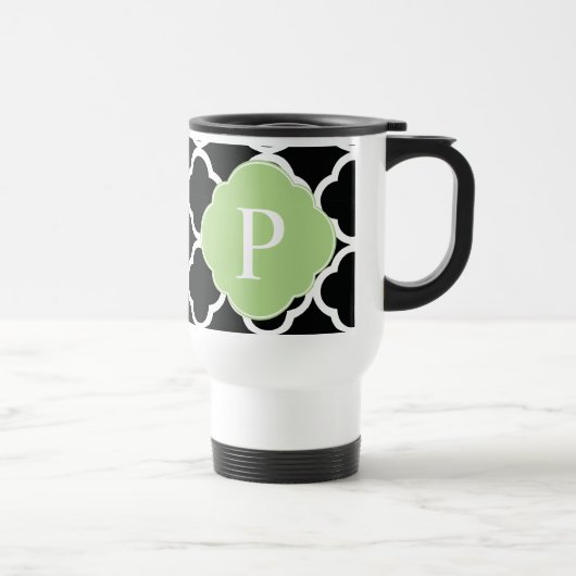 Groen zwart Quatrefoil monogram Reisbeker (Rechts)