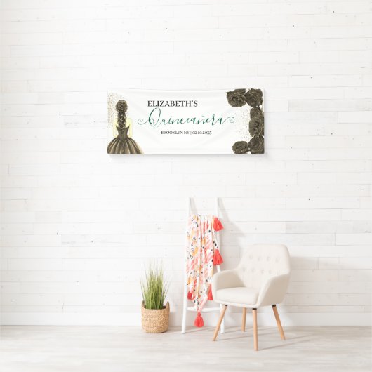Groen & Zwart Quinceañera Aangepaste Welkomstbanne Spandoek (Insitu)
