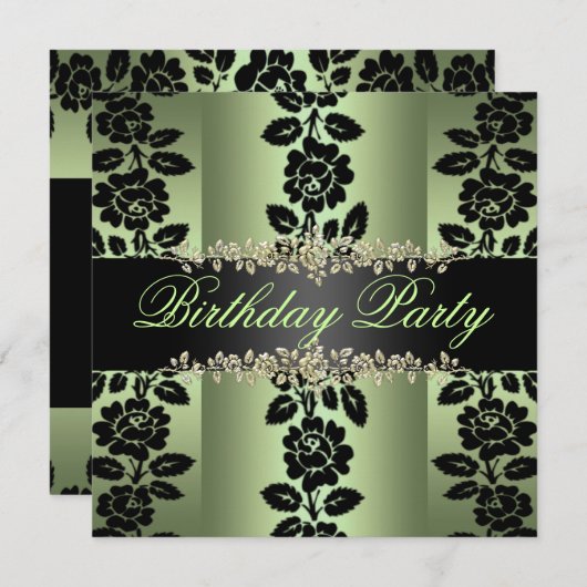 Groen & Zwart Roos Verjaardagsuitnodiging Kaart (Voorkant / Achterkant)