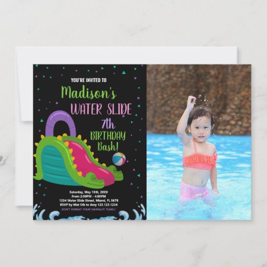 Groen Zwart Roze Foto Water Slide Verjaardag Kaart (Voorkant)