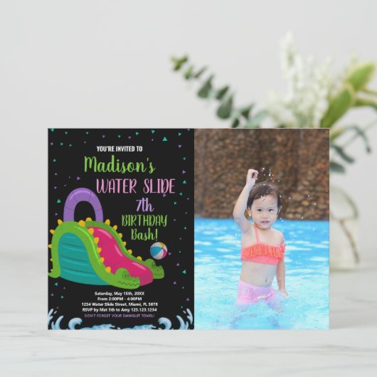 Groen Zwart Roze Foto Water Slide Verjaardag Kaart (Staand voorkant)