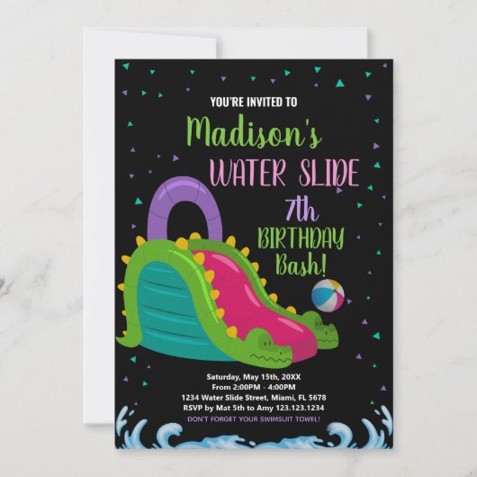Groen Zwart Roze Water Slide Verjaardag Uitnodigin Kaart (Voorkant)