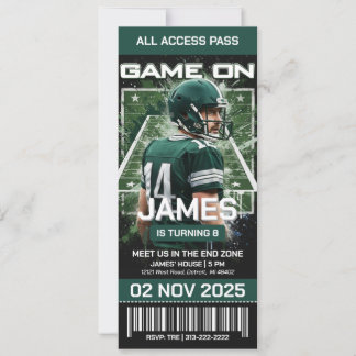 Groen & Zwart Voetbal Ticket Verjaardagsuitnodigin Kaart
