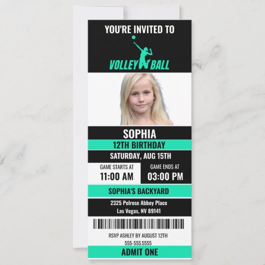 Groen Zwart Volleybal Ticket Verjaardagsfoto Kaart (Voorkant)
