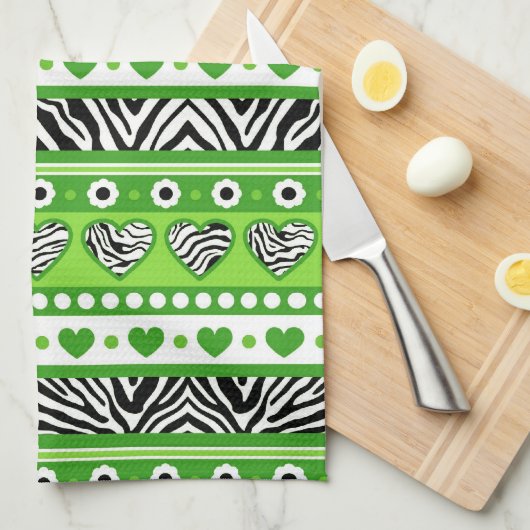 Groen zwart & wit abstract zebra harten en stippen theedoek (Quarter Fold)