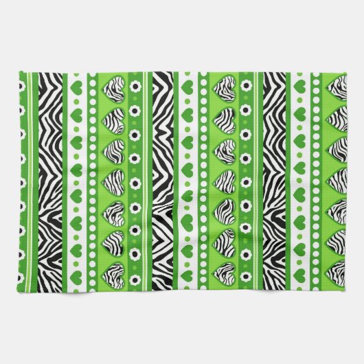 Groen zwart & wit abstract zebra harten en stippen theedoek (Horizontaal)