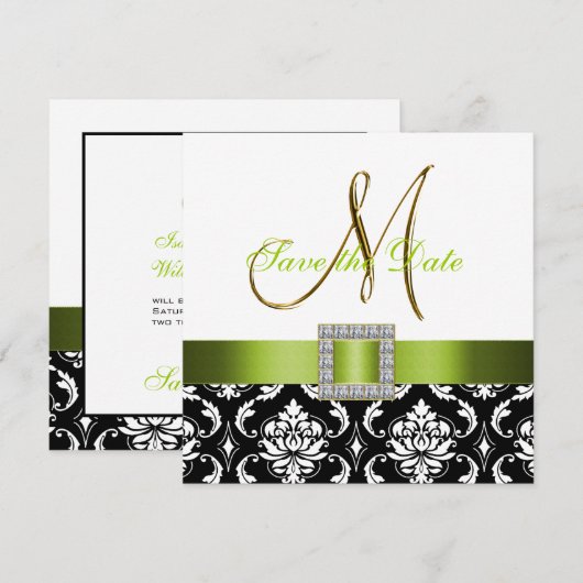 Groen zwart-wit Damask sparen de Datum Kaart (Voorkant / Achterkant)