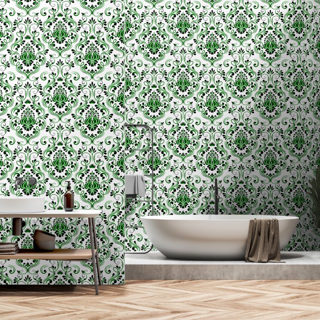 Groen Zwart-wit Damaskafpel en stok Behang (Badkamer)