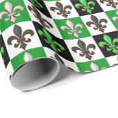 Groen Zwart Wit Geruit Fleur-de-lis Design Cadeaupapier (Rol Hoek)