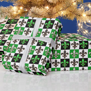 Groen Zwart Wit Geruit Fleur-de-lis Design Cadeaupapier