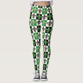 Groen Zwart Wit Geruit Fleur-de-lis Design Leggings (Voorkant)