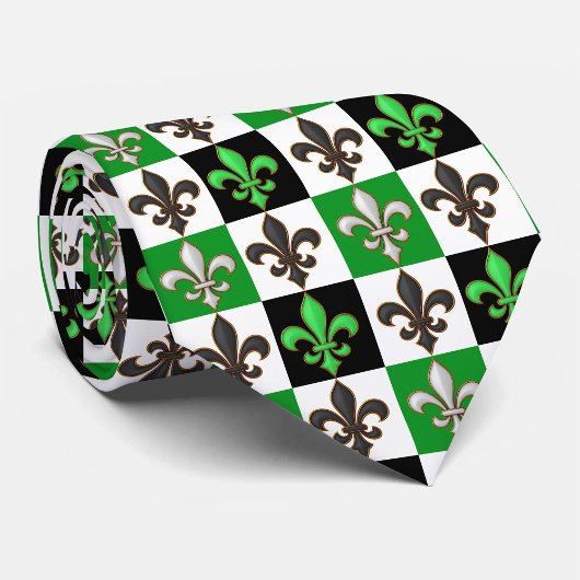 Groen Zwart Wit Geruit Fleur-de-lis Design Stropdas