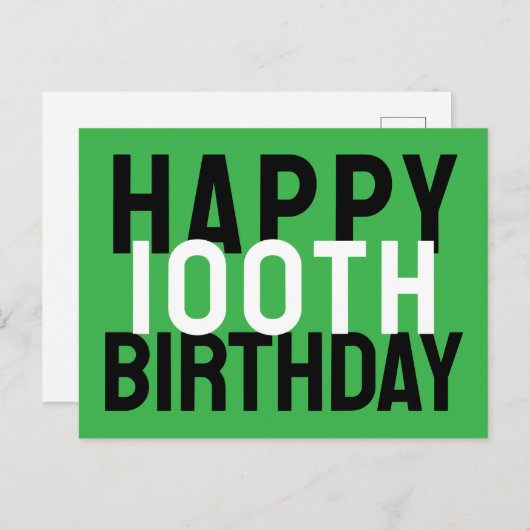 Groen Zwart Wit Modern Bold Happy 100th Birthday Briefkaart (Voorkant / Achterkant)