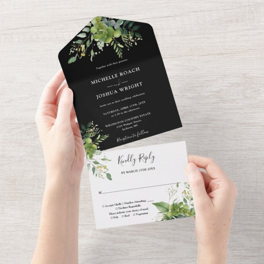 groen zwart-wit monogram bruiloft all in one uitnodiging (Afscheurbaar)