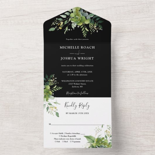 groen zwart-wit monogram bruiloft all in one uitnodiging (Binnen)