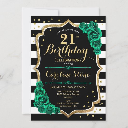 Groen Zwart Wit Strepen Vrouwelijk 21e Verjaardag Kaart (Voorkant)