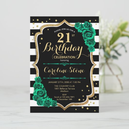Groen Zwart Wit Strepen Vrouwelijk 21e Verjaardag Kaart (Staand voorkant)