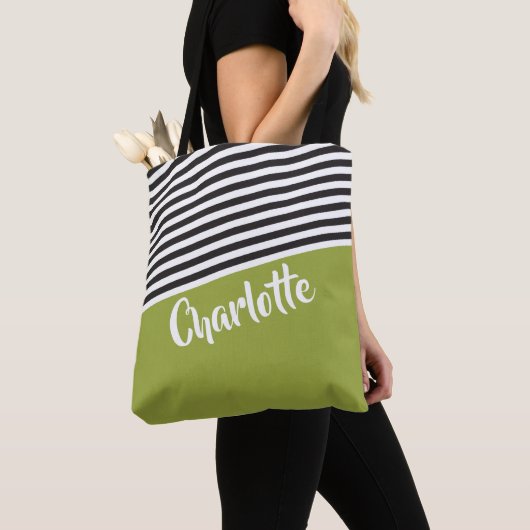 Groen zwart, wit striped patroon gepersonaliseerd tote bag (Dichtbij)