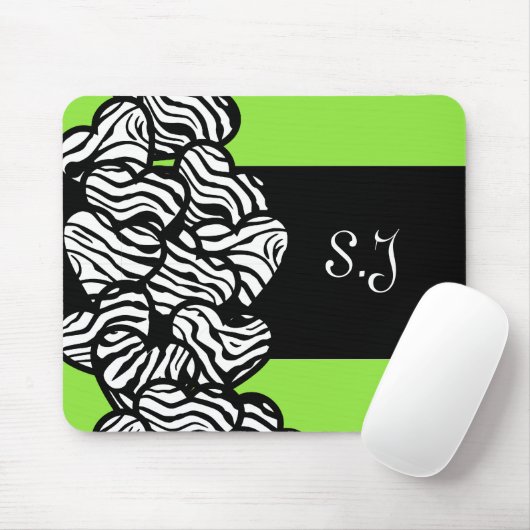 Groen zwart wit zebra patroon hart monogram muismat (Met muis)