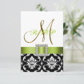 Groen Zwart Witte Damast Initial Trouwkaart RSVP Kaart (Staand voorkant)