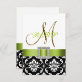 Groen Zwart Witte Damast Initial Trouwkaart RSVP Kaart (Voorkant / Achterkant)