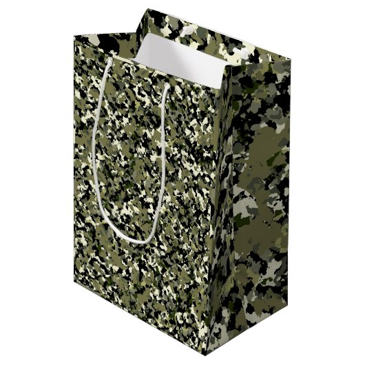Groen Zwarte Crème Camouflagepatroon Feest Medium Cadeauzakje (Voorkant Gekanteld)