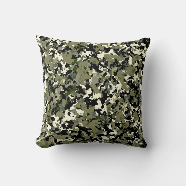 Groen Zwarte Crème Camouflagepatroonprint Kussen (Voorkant)