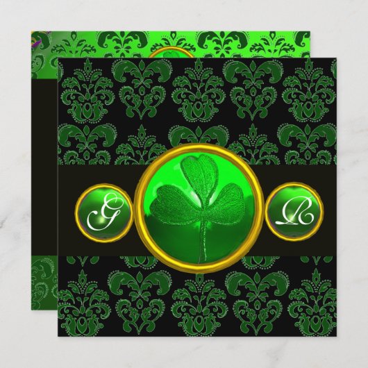 GROEN ZWARTE DAMAST MET KLAVER EMERALD MONOGRAM KAART (Voorkant / Achterkant)