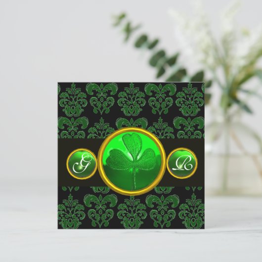 GROEN ZWARTE DAMAST MET KLAVER EMERALD MONOGRAM KAART (Staand voorkant)