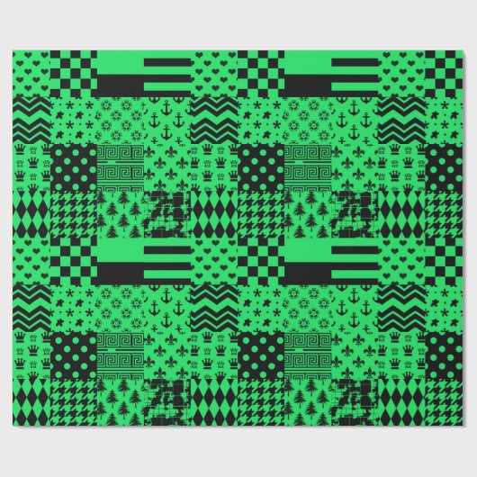 Groen Zwarte Gemengde Patronen Patchwork Ontwerp Cadeaupapier (Vlak)