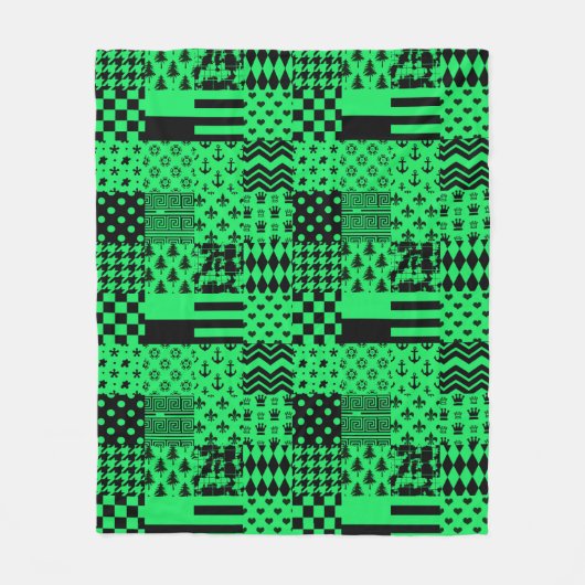 Groen Zwarte Gemengde Patronen Patchwork Ontwerp Fleece Deken (Voorkant)