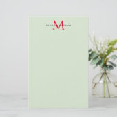 Groenachtig grijs & rood monogram modern minimalis briefpapier (Staand voorkant)
