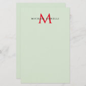 Groenachtig grijs & rood monogram modern minimalis briefpapier (Voorkant / Achterkant)
