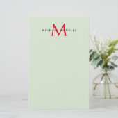 Groenachtig grijs & rood monogram modern minimalis briefpapier (Staand voorkant)