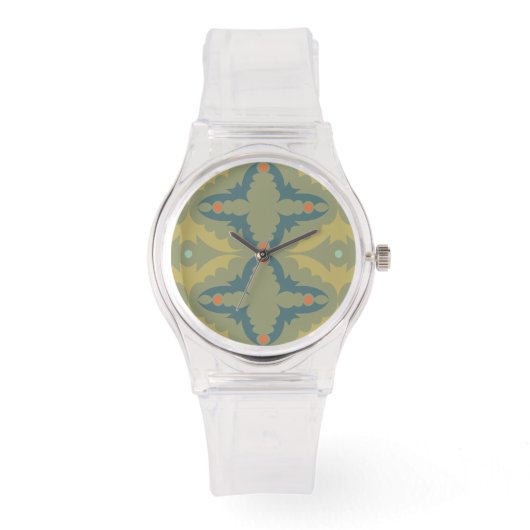 Groenachtig Retro Vintage Patroon Horloge (Voorkant)
