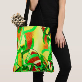 Groenachtige strepen op rood, drizzled afbeelding tote bag