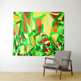 Groenachtige strepen over rode afbeelding met motr wandkleed