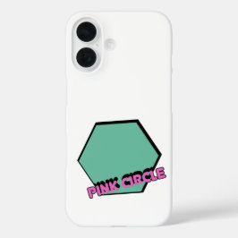 groenachtige zeshoek met roze cirkeltekst iPhone 16 hoesje