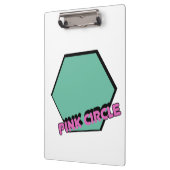  groenachtige zeshoek met roze cirkeltekst klembord (Links)