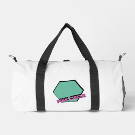 groenachtige zeshoek met roze cirkeltekst plunjezak