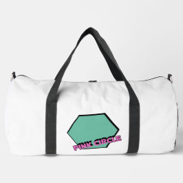 groenachtige zeshoek met roze cirkeltekst plunjezak