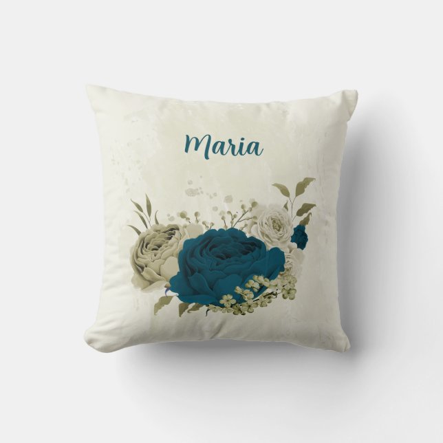 groenblauw beige bloemmotief kussen (Voorkant)