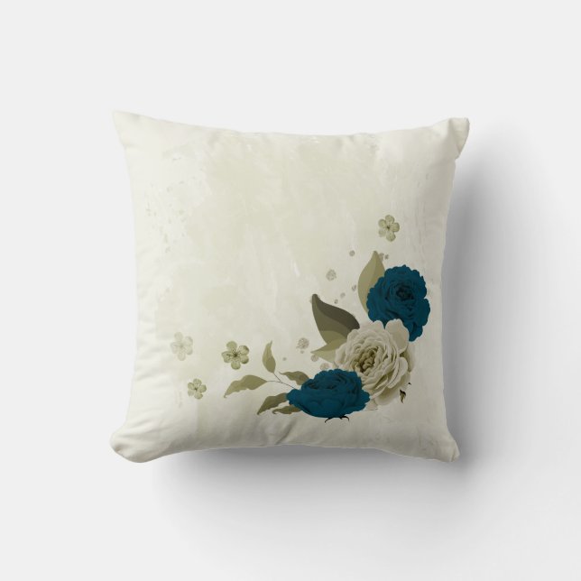 groenblauw beige bloemmotief kussen (Voorkant)