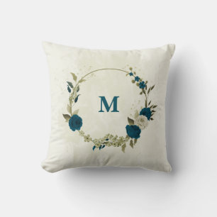 groenblauw beige bloemmotief kussen